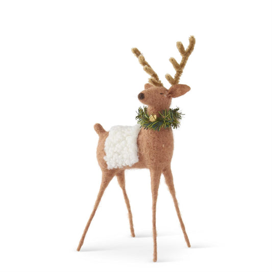 10.5 inch tan wool reindeer with wreath + bell