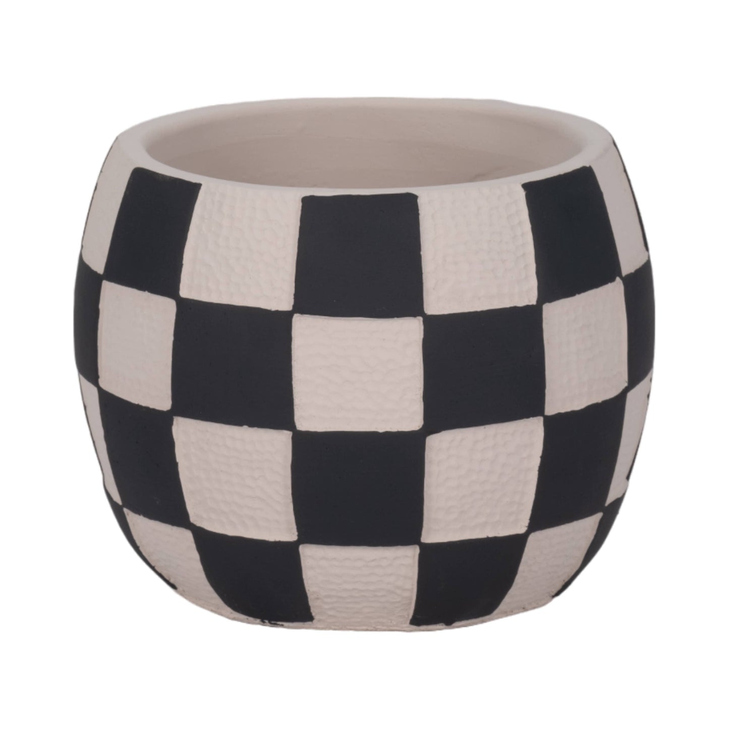 black + white pottery checkerboard rounded planter
