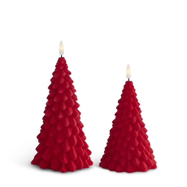 red flocked led christmas tree candle w/ timers