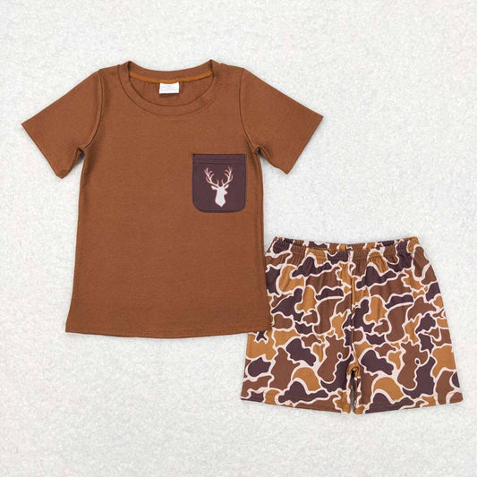 brown camo deer pocket shirt + shorts sets