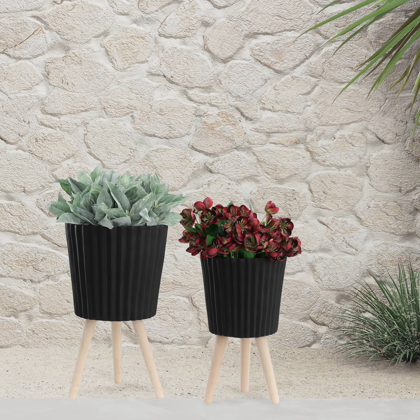 black resin w/ wood legs planter