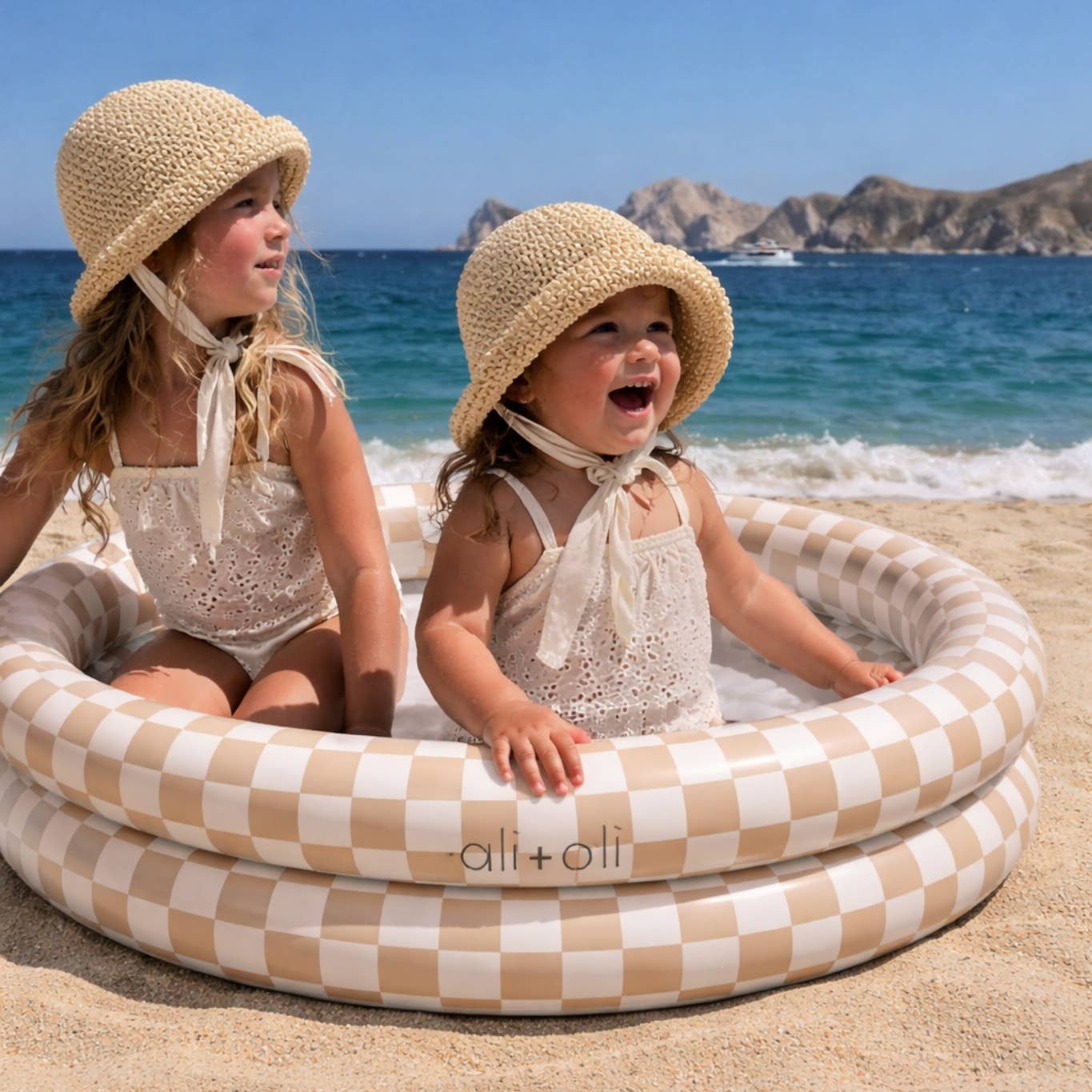 two-ring inflatable kiddie pool - tan checkers