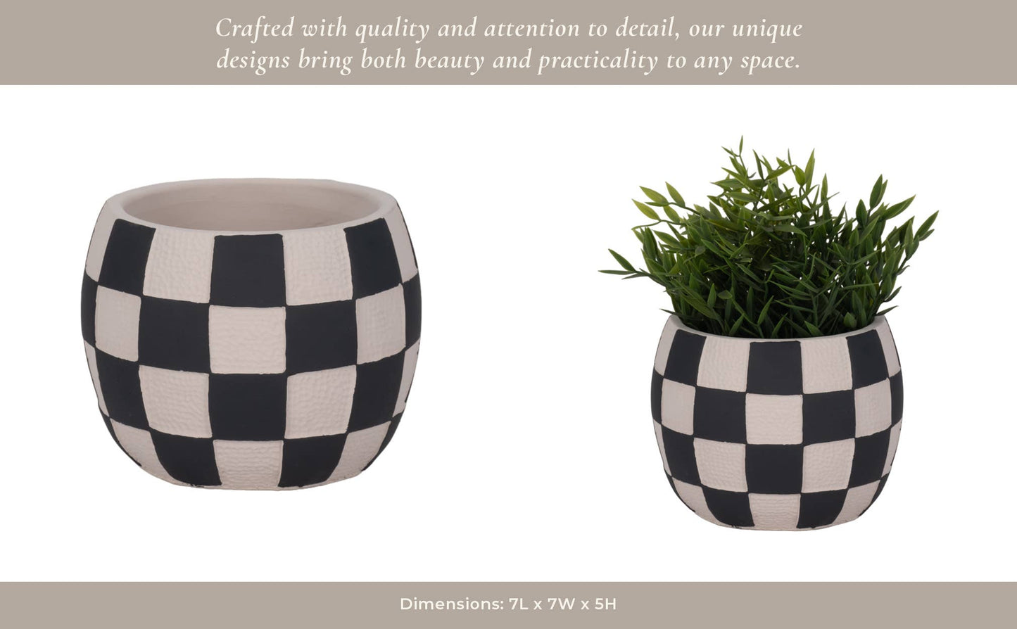 black + white pottery checkerboard rounded planter