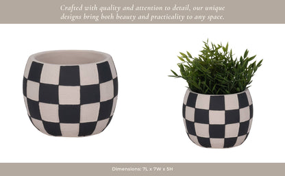 black + white pottery checkerboard rounded planter