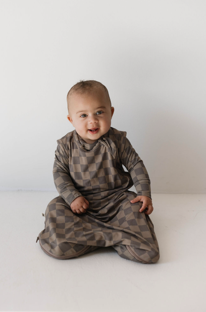 faded brown checkerboard bamboo sleep sack