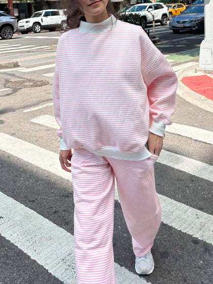 light pink + white big striped mockneck sweatshirt
