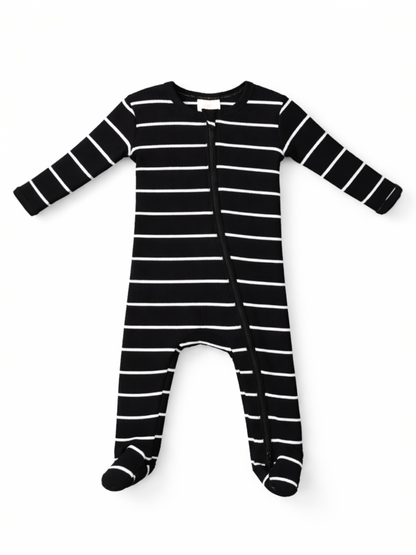 black/white stripe / ribbed 2-way zip footie