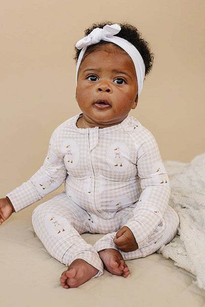 gingham + goose bamboo zip romper