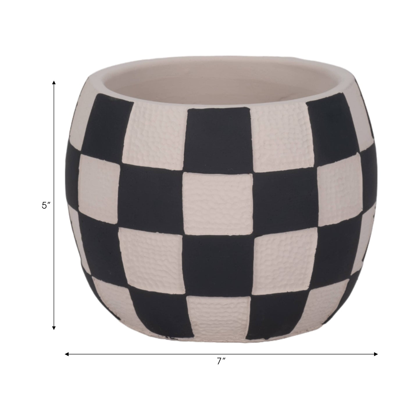 black + white pottery checkerboard rounded planter