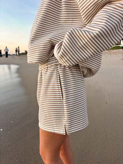 brown + white big striped shorts