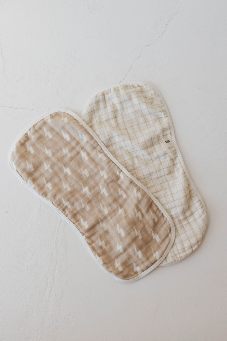 burp cloth | tan lighting bolt & golden grid