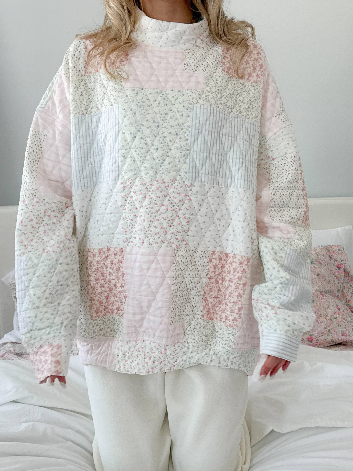 quilted pastel mockneck sweatshirt