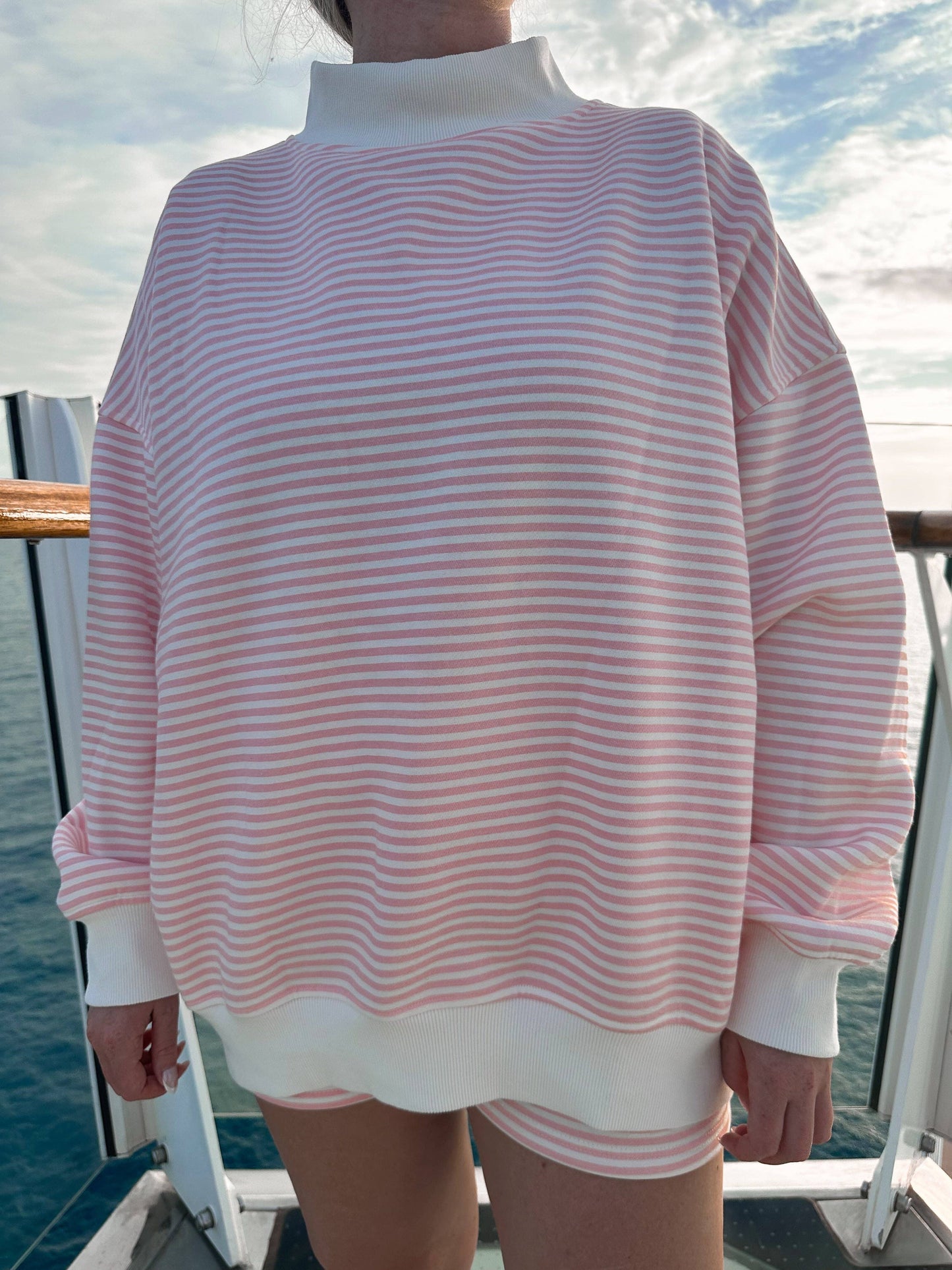light pink + white big striped mockneck sweatshirt