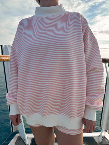 light pink + white big striped mockneck sweatshirt