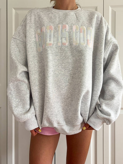 God is good quilted pastel embroidered sweatshirt