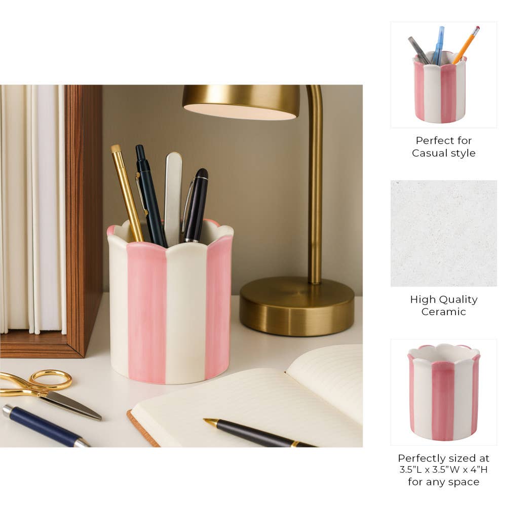 pink + ivory ceramic striped pencil cup