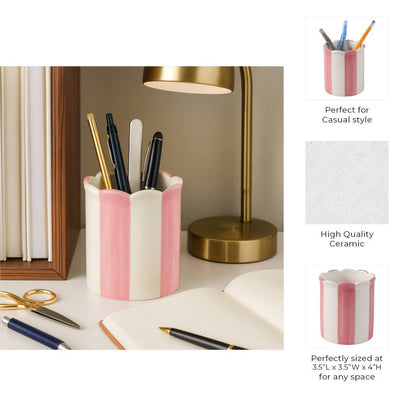 pink + ivory ceramic striped pencil cup