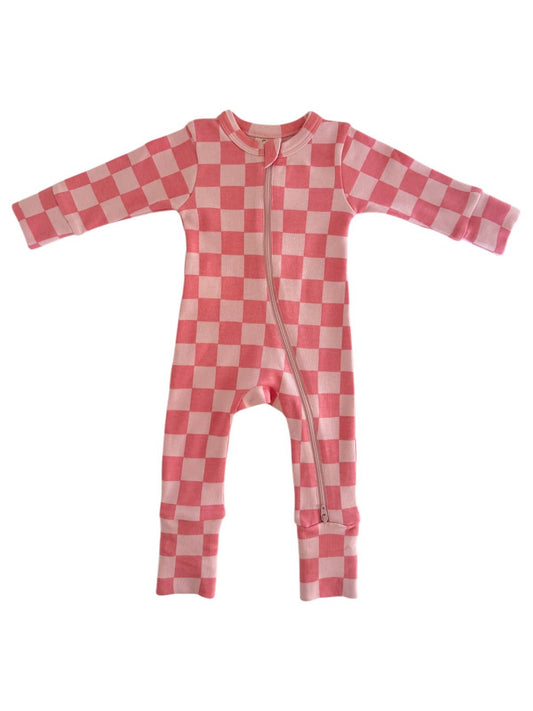 organic 2-way zip romper | strawberry/rosy checkerboard