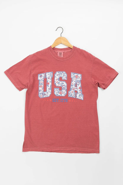westen patriotic floral 'USA' washed red graphic tee
