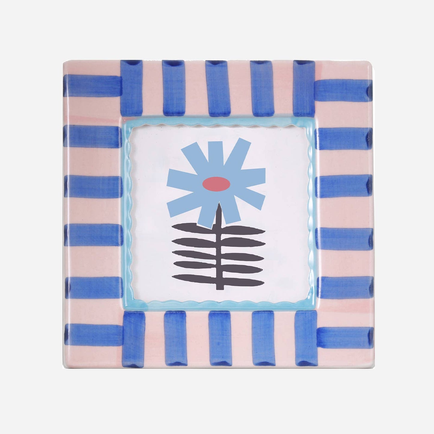 hand-painted ceramic photo frame, blue stripe