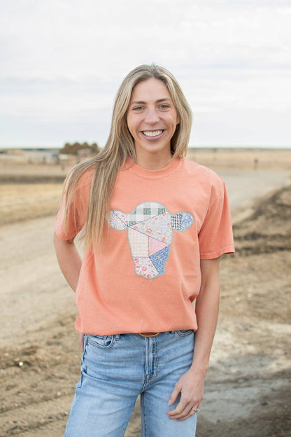 spring patchwork cow graphic tee