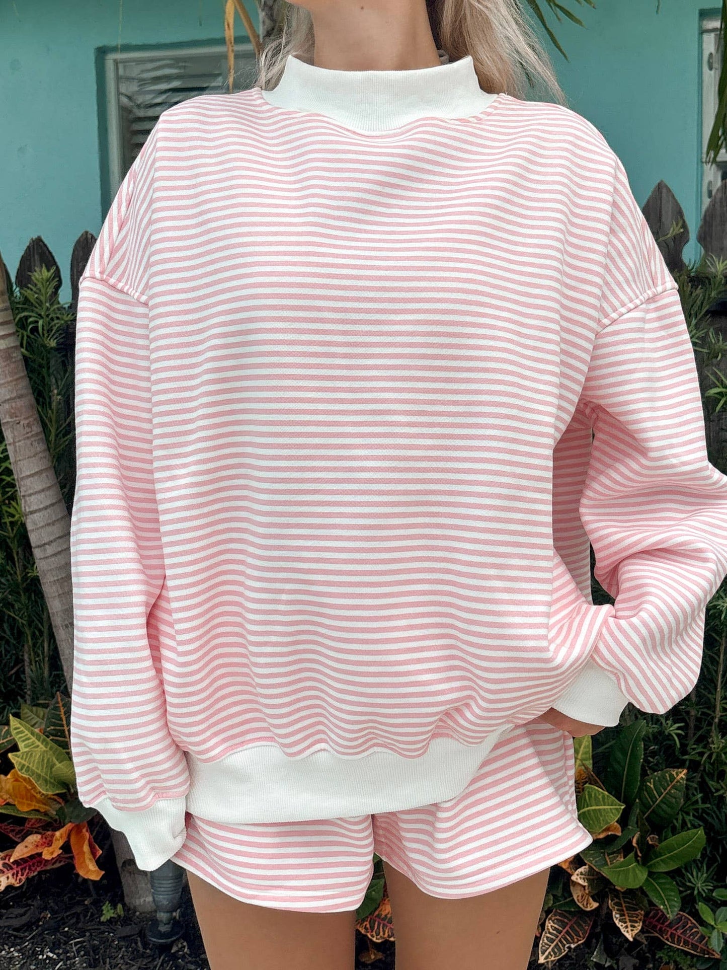 light pink + white big striped mockneck sweatshirt