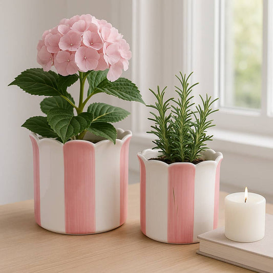 pink ceramic striped scallop planter