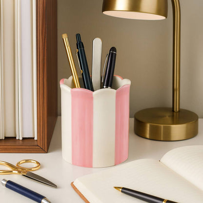 pink + ivory ceramic striped pencil cup