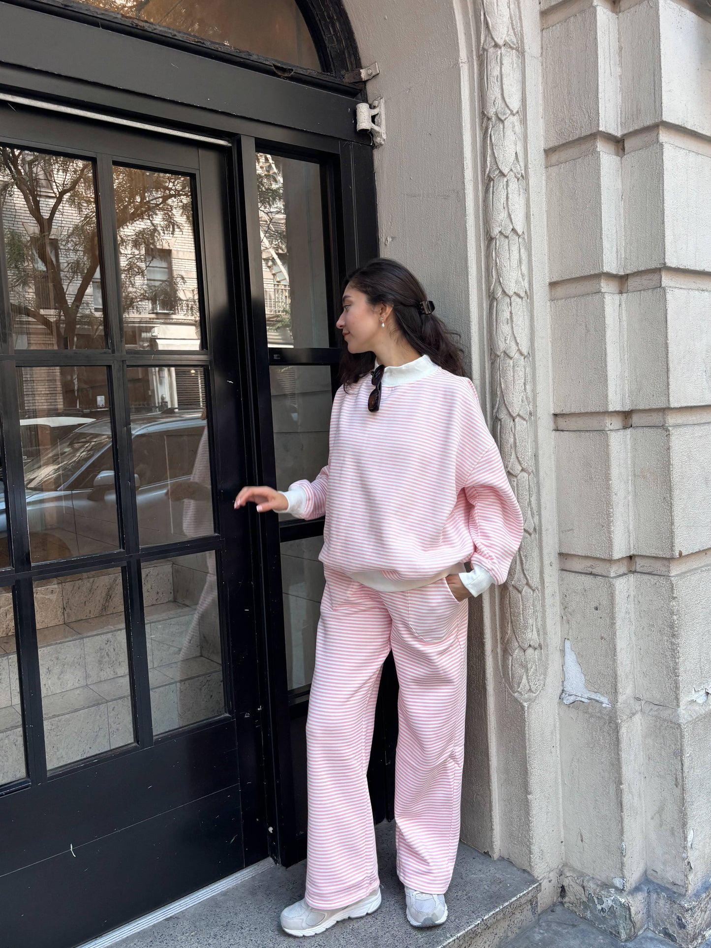 light pink + white big striped mockneck sweatshirt