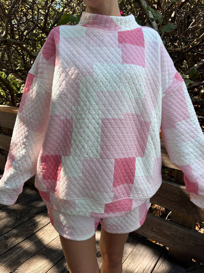 margo quilted patchwork mockneck sweatshirt