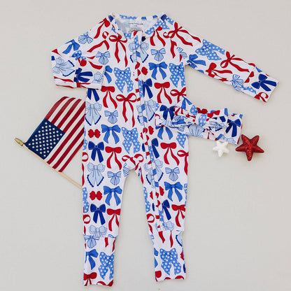 bamboo zip romper  | red-white + bows