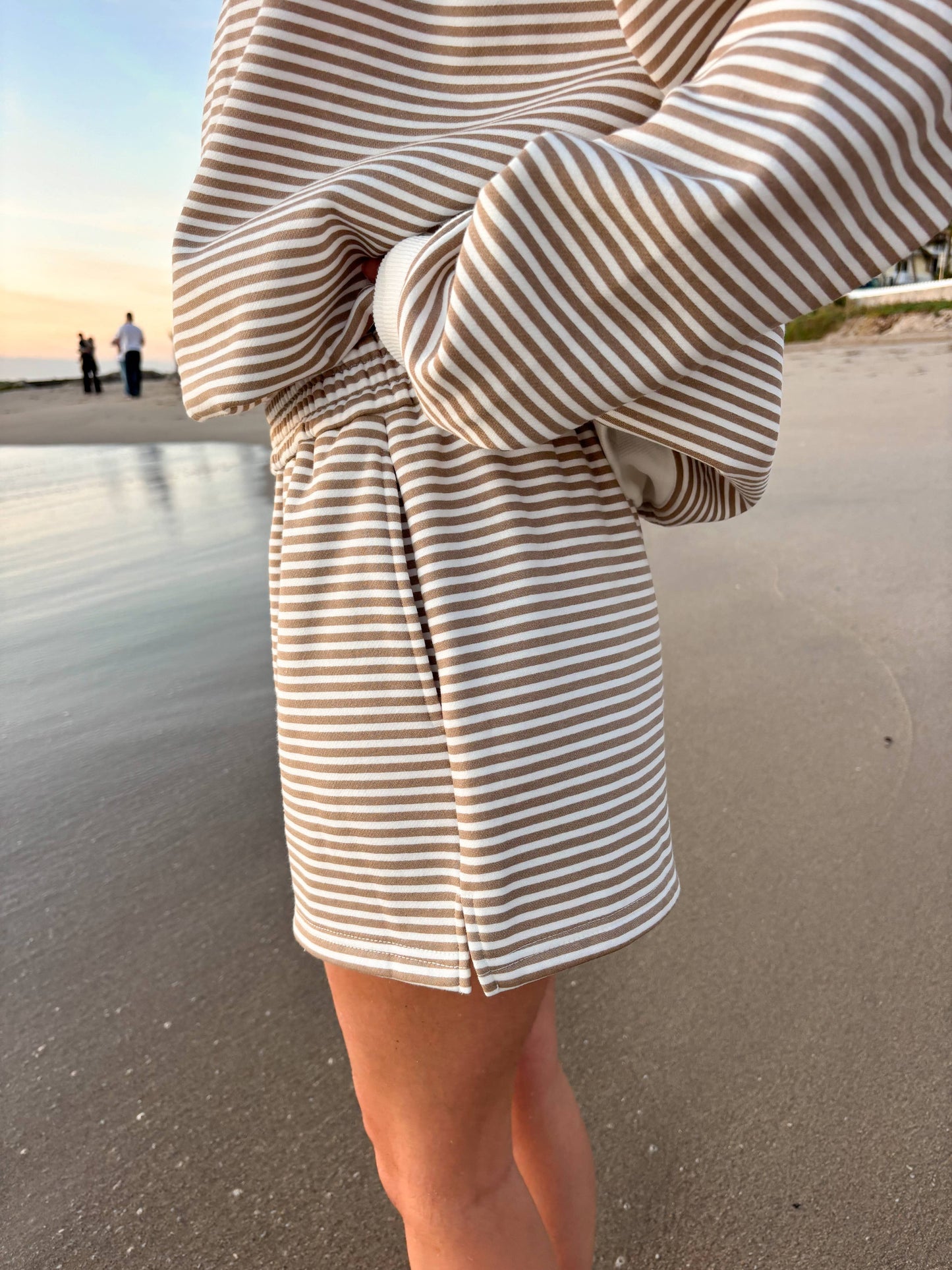 brown + white big striped shorts