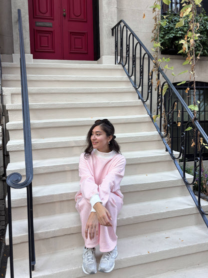 light pink + white big striped mockneck sweatshirt