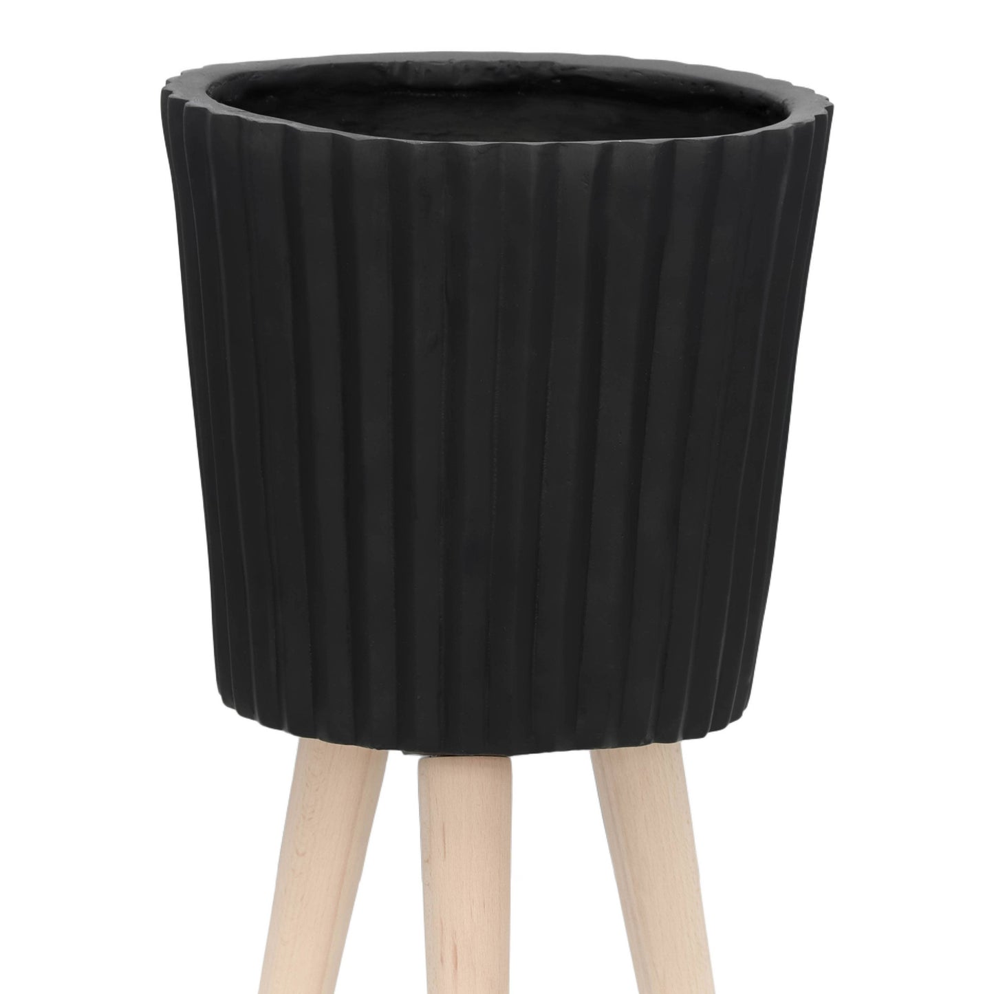 black resin w/ wood legs planter