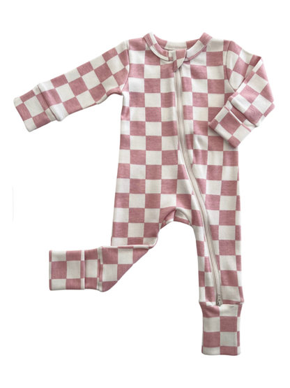 organic 2-way zip romper - strawberry shortcake checkerboard