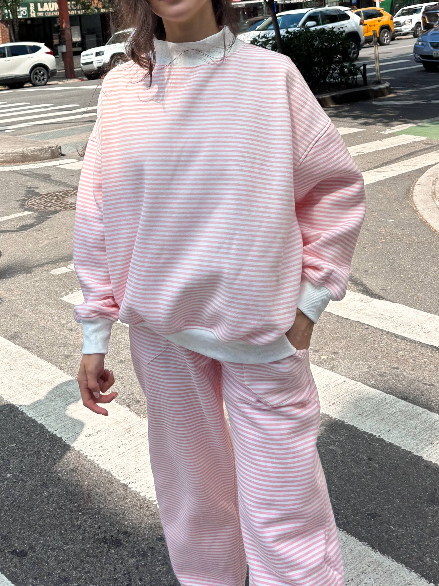 light pink + white big striped mockneck sweatshirt