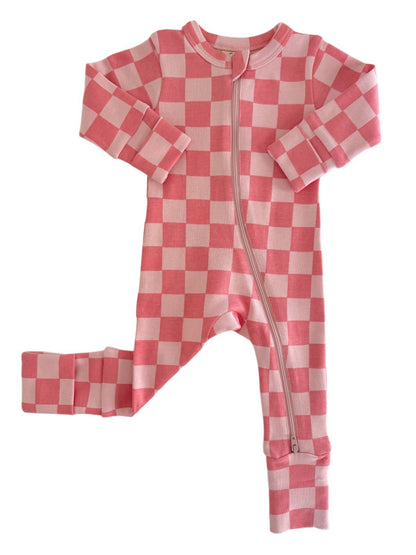 organic 2-way zip romper | strawberry/rosy checkerboard