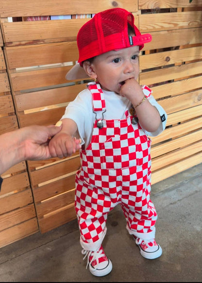 red checker overalls
