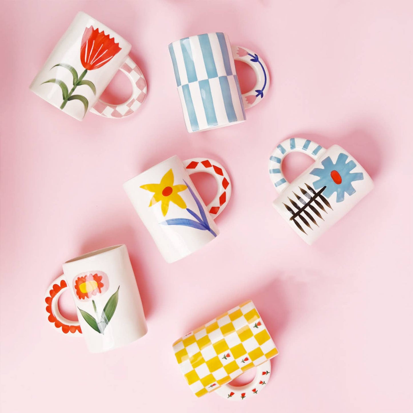 handmade red flower + pink check ceramic coffee mug