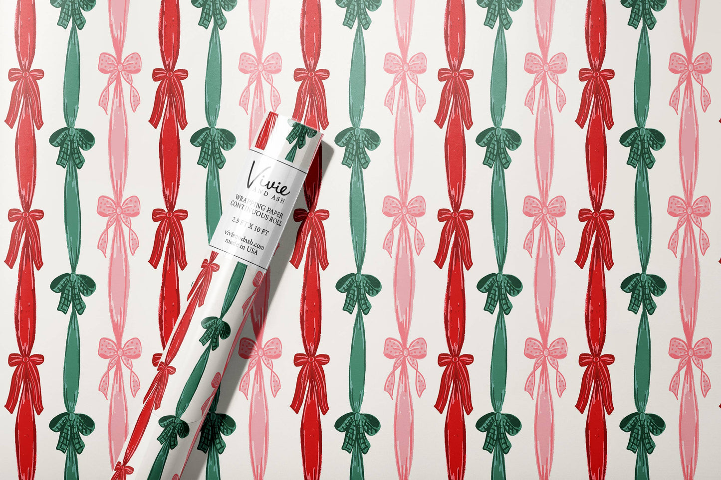 red and green christmas stripe bows wrapping paper roll  