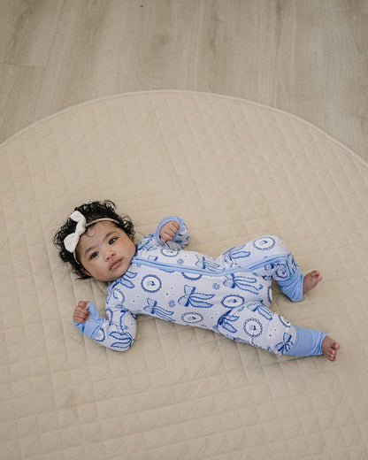 blue bow bamboo zip romper