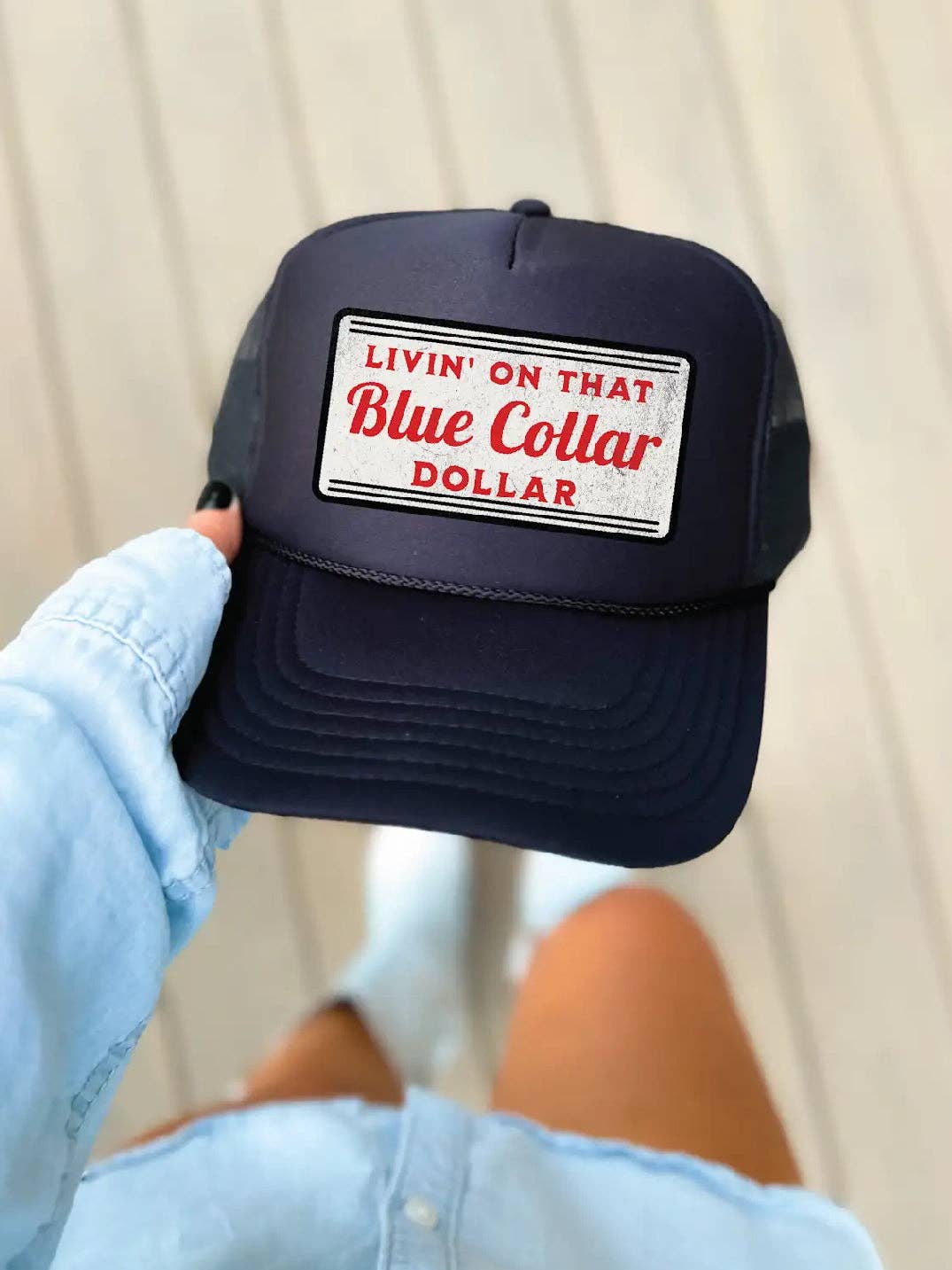 livin on that blue collar dollar trucker hat