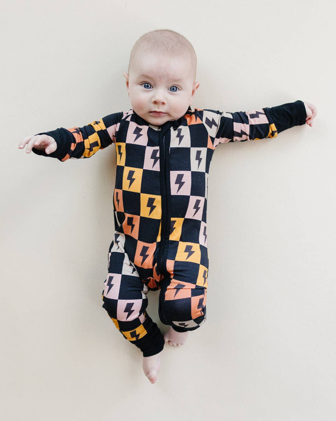 colorful checks & bolts zip romper