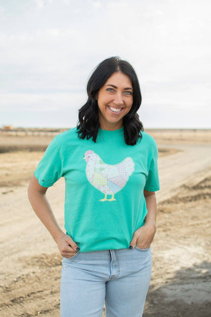 spring patchwork chicken green graphic tee