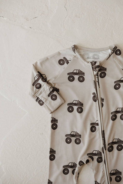 monster truck bamboo zip pajamas