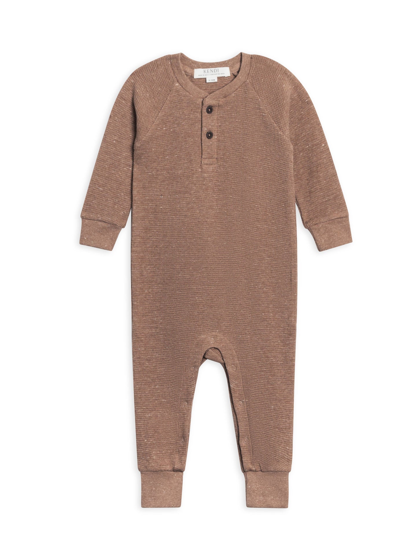 organic baby crosby waffle henley romper - heather mocha