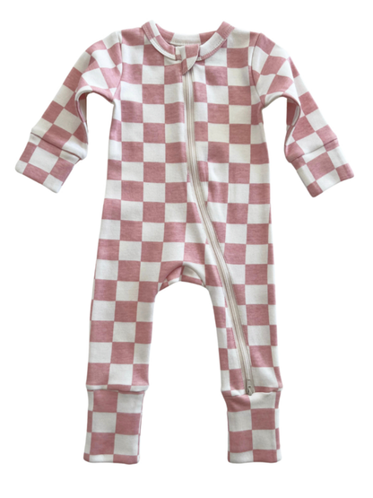 organic 2-way zip romper - strawberry shortcake checkerboard