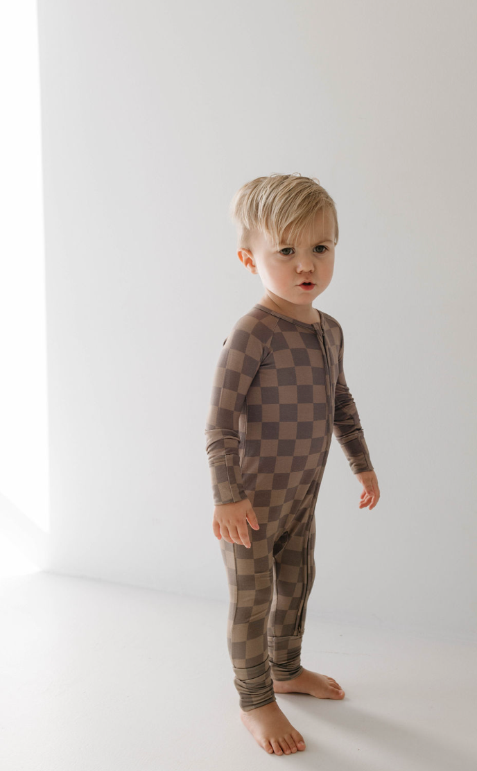 bamboo zip pajamas | faded brown checkerboard