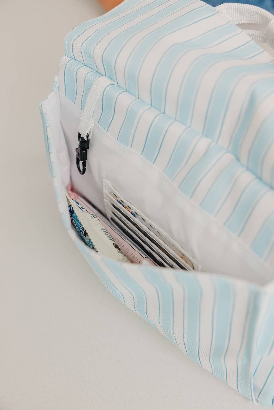 blue striped lunch box