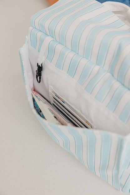 blue striped lunch box